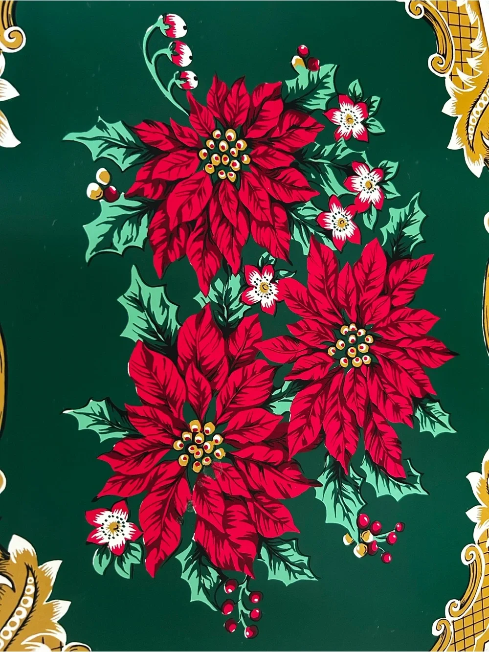 Vintage Set of 4 Christmas Pointsettia Vinyl Placemats Holiday Decor Table Gold
